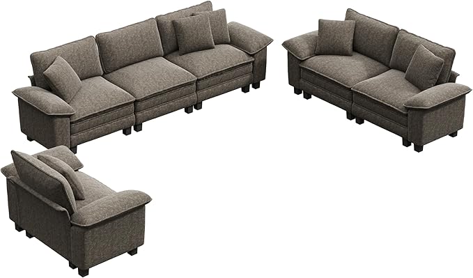 PHI VILLA Cloud Modular Couches Sets, 3 Pieces Large Sectional Sofa Set with Loveseats & Single Sofa, 6-Seater Upholstered Couch for Living Room, Chenille Fabric, Smoky Grey