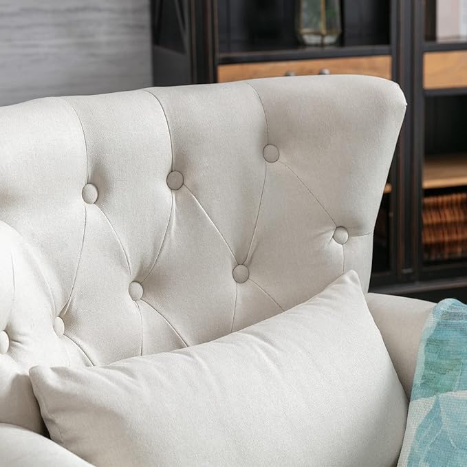 Accent Reading Arm Chairs for Living Room Bedroom, Midcentury Modern Comfy Corner Sofa Chair, Wingback Waiting Room Club Chair with Button Tufted Back &Lumbar Pillow, Linen Beige