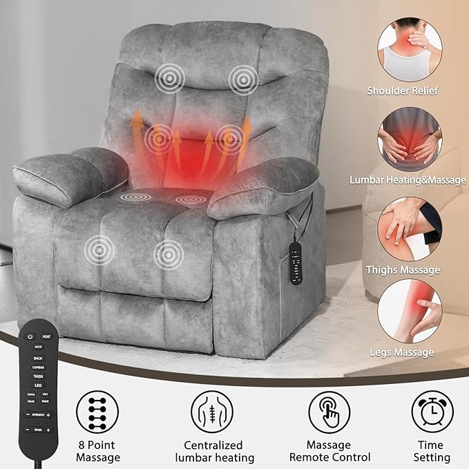 EONIX Large Lay Flat Power Lift Recliner Chair for Elderly with Heat and Massage, 400lbs Dual Motor Electirc Lift Chair with Extended Footrest, SLRY007062, Grey