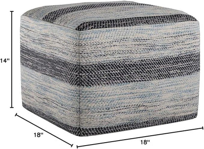 SIMPLIHOME Clay Boho Square Pouf in Patterned Blue Melange Cotton for the Living Room, Bedroom and Kids Room