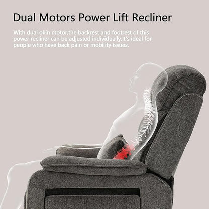 Lift Chair Lay Flat Recliner Heat Massage Dual Motor Infinite Position Power Recliners with Left Side Tray Table-Wireless Charger,Cup Holder (Dark Grey Chenille Fabric)