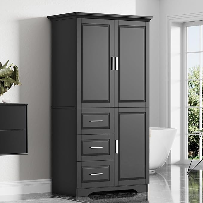 Merax 62.2" Wide Storage Cabinet Pantry Cupboard with Doors and Drawers for Home Kitchen, Bathroom and Living Room, Adjustable Shelf, Black