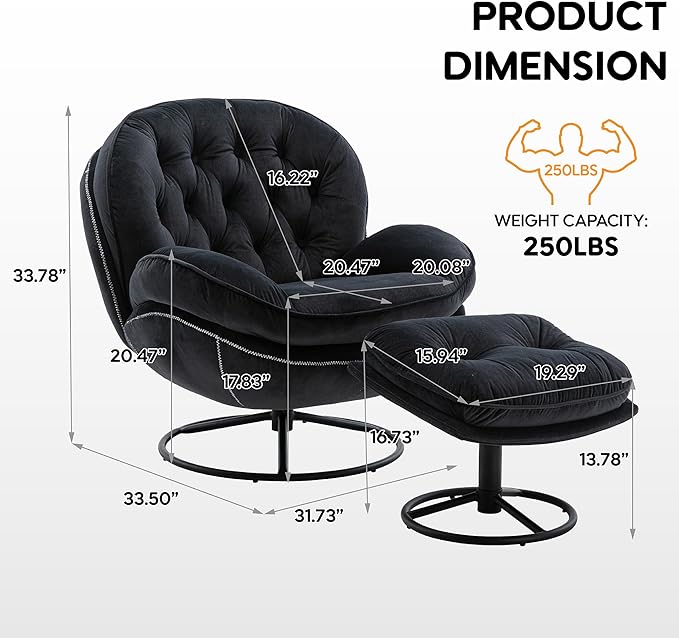 Set of 2 360° Swivel Modern Velvet Accent Chair with Ottoman | Mid-Century Button Tufted Lounge Chair for Living Room & Bedroom, Black