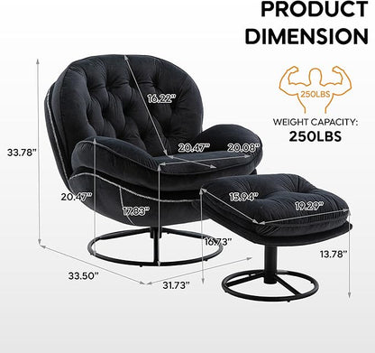 Set of 2 360° Swivel Modern Velvet Accent Chair with Ottoman | Mid-Century Button Tufted Lounge Chair for Living Room & Bedroom, Black