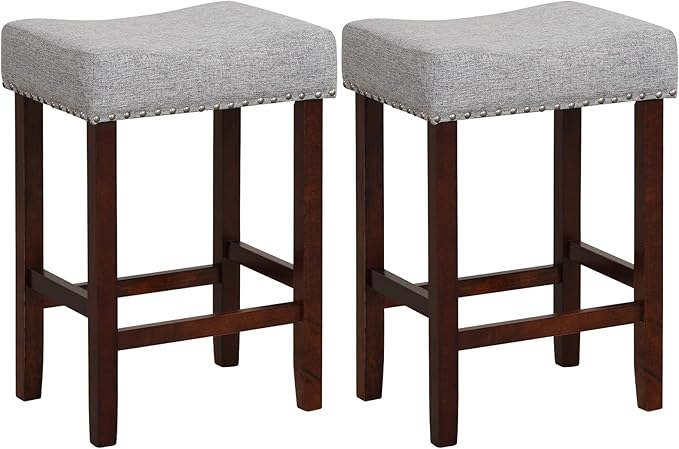 COSTWAY Counter Height Bar Stools Set of 4, 25-inch Backless Saddle Stools with Nailhead Trim, Rubber Wood Frame, Footrest, Max Load 330 Lbs, Upholstered Barstools for Kitchen Island Pub, Grey