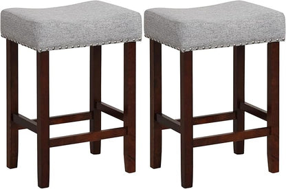 COSTWAY Counter Height Bar Stools Set of 2, 25-inch Backless Saddle Stools with Nailhead Trim, Rubber Wood Frame, Footrest, Max Load 330 Lbs, Upholstered Barstools for Kitchen Island Pub, Grey