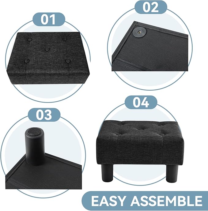 Poofzy Small Foot Stool Ottoman, Linen Ottoman Foot Rest with Legs, Rectangle Foot Rest for Couch, Footstools and Ottomans Small for Living Room and Entryway (Black)