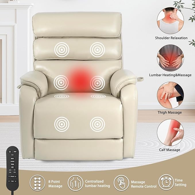 EONIX Large Lay Flat Power Lift Recliner Chair for Elderly, Oversized Electric Lift Chairs, 400lbs Heavy Duty Power Recliner with Heat and Massage, SLRY022063, Cream White
