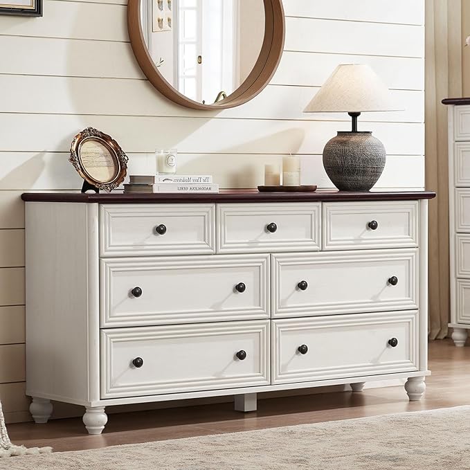 7 Drawers Dresser for Bedroom, Farmhouse 54" Wide Wood Dressers Chest of Drawers, Vintage Design TV Stand, Rustic Storage Dresser Organizer with Metal Handle Closet for Living Room, Hallway