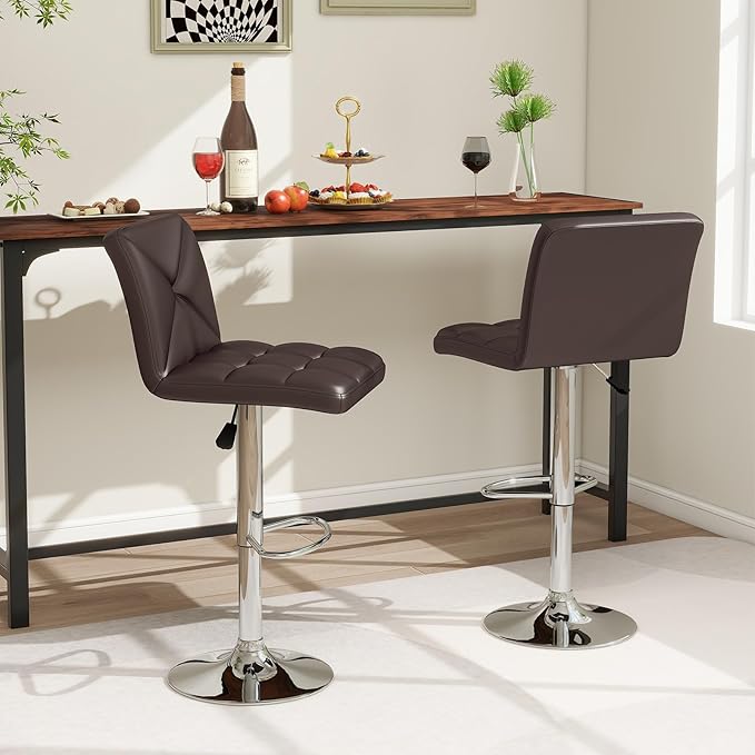 COSTWAY Bar Stools Set of 4, Modern PU Leather Swivel Bar Chairs, Height Adjustable Upholstered Barstools with Premium Gas Rod, Sturdy Footrest, Round Base, for Kitchen, Dining Room, Office,Brown