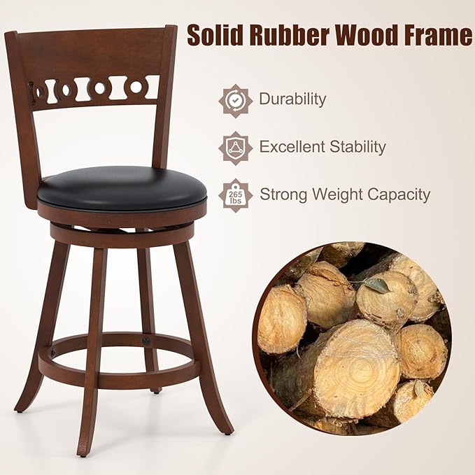 COSTWAY Bar Stools Set of 2, 24.5” Counter Height Bar stools with Solid Wood Legs, Cushioned Seat, Footrest, for Home, Kitchen Island, Bar (2, 24.5'' Seat Height)
