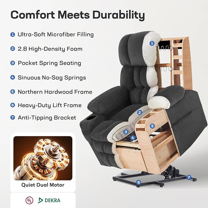 Tami Tami Dual Motor Power Lift Chair Recliner for Elderly with Massage and Heat, Infinite Position Electric Lift Recliner with Adjustable Headrest, USB (T6015 - Plush Fabric, Dark Gray, Oversized)