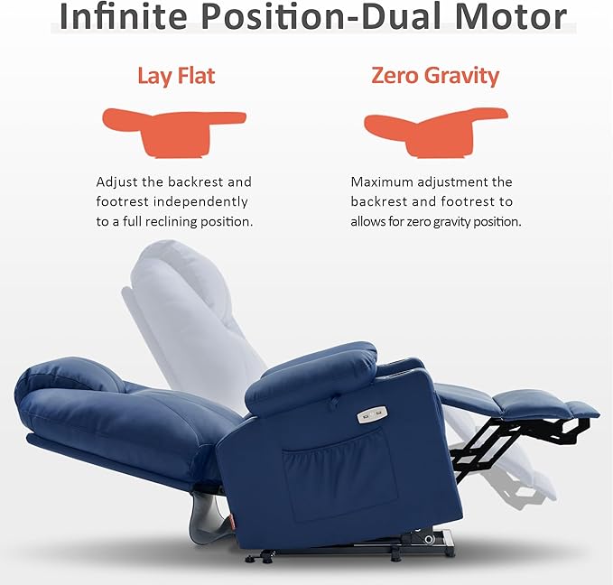 MCombo Dual Motor Large Power Lift Recliner Chair for Elderly, Lay Flat Lift Chair with Heat and Massage, Big Lift Recliner for Tall People, Faux Leather 7815 (Blue, Large)