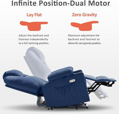 MCombo Dual Motor Large Power Lift Recliner Chair for Elderly, Lay Flat Lift Chair with Heat and Massage, Big Lift Recliner for Tall People, Faux Leather 7815 (Blue, Large)