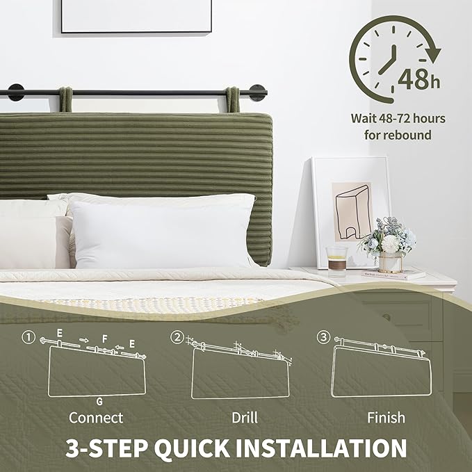 UEV Queen Headboard Only, Wall Mounted Hanging Upholstered Bed Head Board, Modern Vertical Channel Design of Fine Flannel, Elegant Green Fluted Headboard for Bedroom (Green, Queen Size)