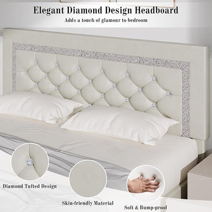 BarnFurin Full Bed Frame with Diamond Tufted Headboard, Faux Leather Upholstered Bed with Wooden Slats Support, No Box Spring Needed, Mattress Foundation, Easy Assembly, Cream
