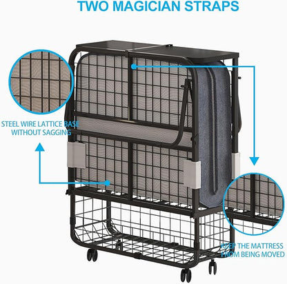 Mjkone Folding Bed with 5 Inch Foam Mattress, Single Rollaway Beds for Guest, Space Saving Portable Bed with Storage Shelf, Lockable Wheels, Sturdy Metal Frame for Adults, 75 x 31 (Upgraded)