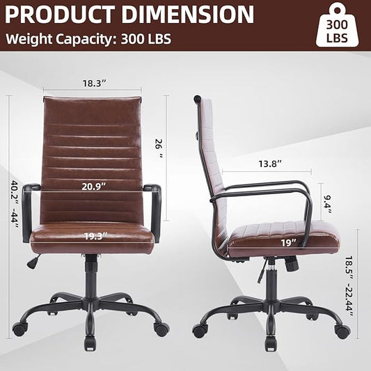 Office Chair, Ergonomic Executive Conference Room Chairs, Ribbed Leather Desk Chair with Lumbar Support, Adjustable Height Mid-Back Swivel Chair with Padded Seat