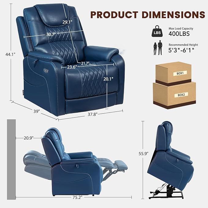 EONIX Triple Motor Lay Flat Power Lift Recliner Chair for Elderly with Massage, 400lbs Electirc Lift Chair for Living Room, Independent Adjustable Backrest Headrest, Entended Footrest, Navy Blue