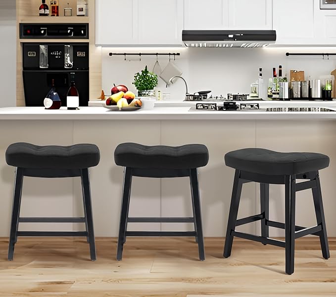 Counter Height Black Bar Stools Set of 6 for Kitchen Counter Farmhouse Modern Barstools with Faux Leather Upholstered Backless Seat and Solid Wood Legs 24 inch Bar Chairs