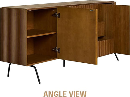 NTC Veil Large Sideboard with 2 Doors and 3 Drawers, Buffet Cabinet with Vertical Groove Design and Metal Legs, Storage Cabinet for Living Room, and Entryway, Effortless Assembly - Rustic Oak
