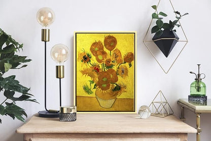 Wieco Art Framed Canvas Wall Art Vase with Fifteen Sunflowers by Van Gogh Classic Oil Paintings Abstract Flowers Canvas Prints for Home Decor Modern Framed Floral Picture Artwork