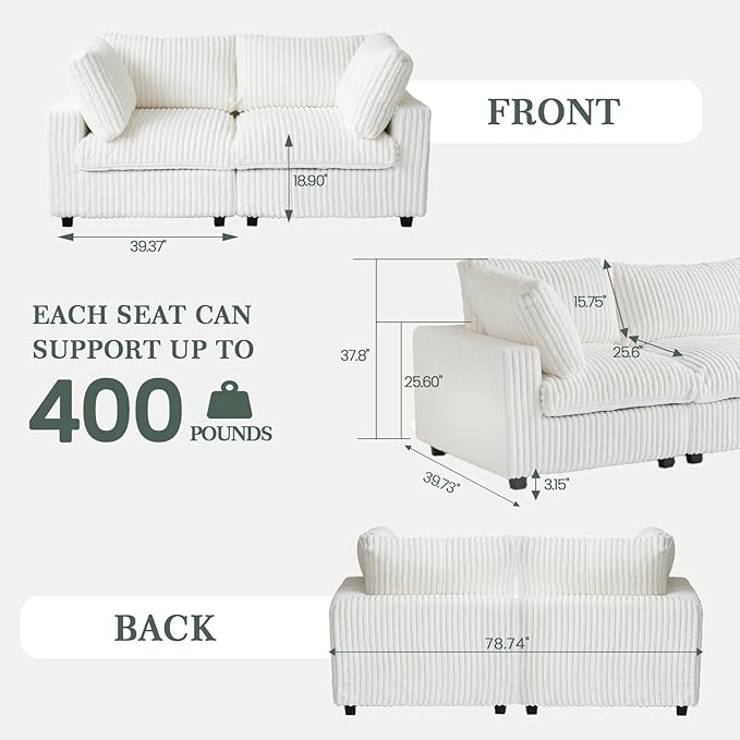 Modular Sectional Sofa, 78.74" Oversized Loveseat Sofa, Deep Seat Cloud Couch, 2 Seat Comfy Modular Sofa Couches for Living Room, Plush Couch Cushion Covers Removable, Beige