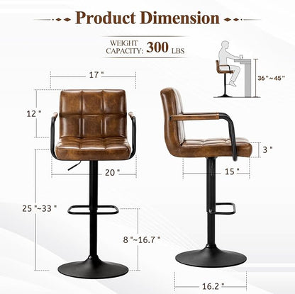 Furniliving Bar Stools Set of 2 with Back, Modern Square PU Leather Kitchen Stools with Armrest, Adjustable Counter Height Barstools for Kitchen Bar Pub Cafe (Yellowbrown)