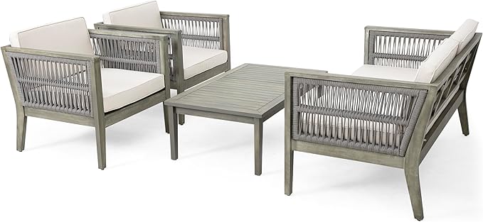 Christopher Knight Home Outdoor Acacia Wood Patio Set, 4-Pieces Patio Conversation Set, Outdoor Furniture with Coffee Table, Patio Deep Seating with Cushion, Porch Chairs for Garden, Grey+Beige