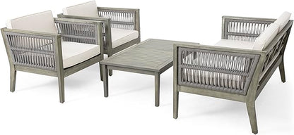 Christopher Knight Home Outdoor Acacia Wood Patio Set, 4-Pieces Patio Conversation Set, Outdoor Furniture with Coffee Table, Patio Deep Seating with Cushion, Porch Chairs for Garden, Grey+Beige