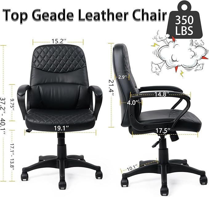 CLATINA Office Chair - Mid Back Leather Computer Desk Chair with Wheels, Ergonomic Executive Swivel Chair with Lumbar Support, Armrest for Home Office Black, 2 Pack