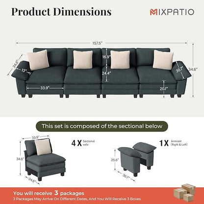 157.5" Cloud Modular Sectional Sofa, 4-Seater w/Deep Seat & Removable Arms, Plush Chenille for Living Room - Cyan