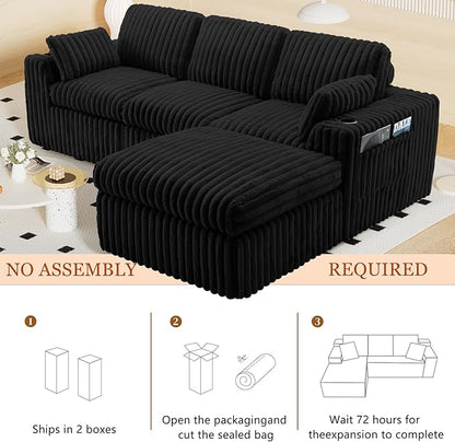 114" Cloud Boneless Sectional Couches for Living Room, Modular Sectional Sofa with Cup Holder, Cozy Fluffy L Shaped Deep Seat Boneless Couch with Storage Pocket, No Assembly Required, Black