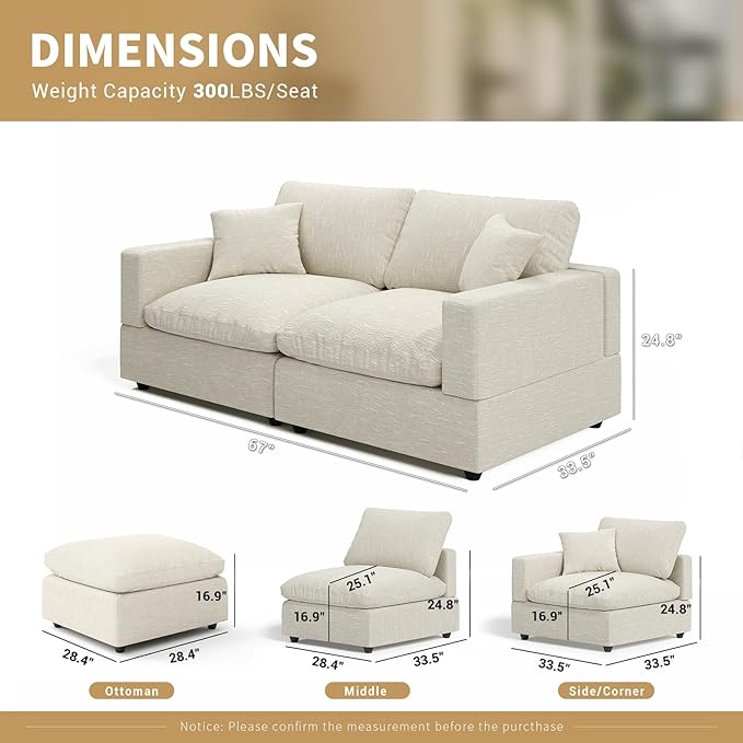 Modern Sectional Linen Cloud Couch for Living Room Loveseat Modular Filled-Down Sofas, Detachable Couch Cushion Covers,Cozy Feather Down Sofa for Apartment Beige