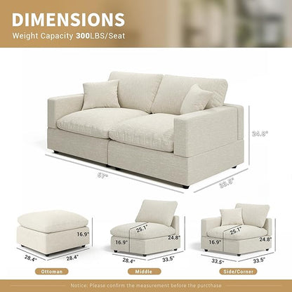 Modern Sectional Linen Cloud Couch for Living Room Loveseat Modular Filled-Down Sofas, Detachable Couch Cushion Covers,Cozy Feather Down Sofa for Apartment Beige