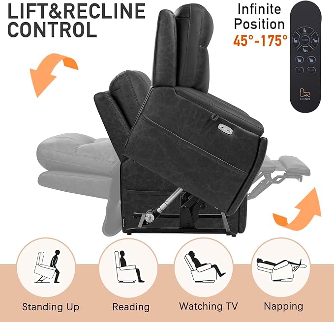 EONIX Triple Motor Lay Flat Power Lift Recliner Chair for Elderly, 400lbs Electirc Lift Chair for Living Room, Independent Adjustable Lumbar, Extended Footrest, Hidden Cup Holders, Charcoal Black