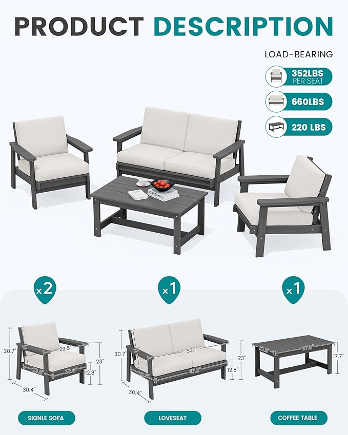 SERWALL HDPE Patio Furniture Set with 15FT Double Side Patio Umbrella, All Weather Wood-Like Outdoor Sofa Sectional Couch, Grey Patio Furniture with Khaki Cushions