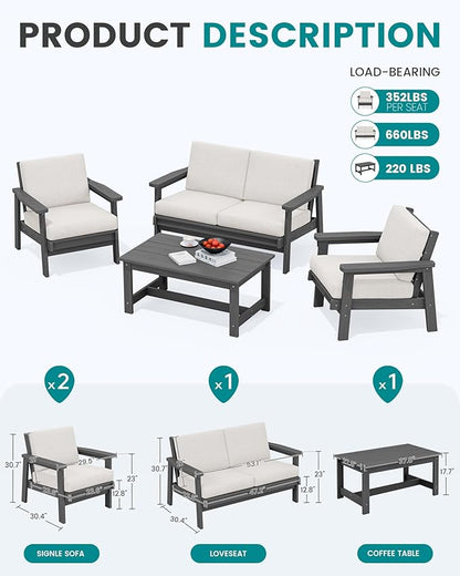 SERWALL HDPE Patio Furniture Set with 15FT Double Side Patio Umbrella, All Weather Wood-Like Outdoor Sofa Sectional Couch, Grey Patio Furniture with Khaki Cushions