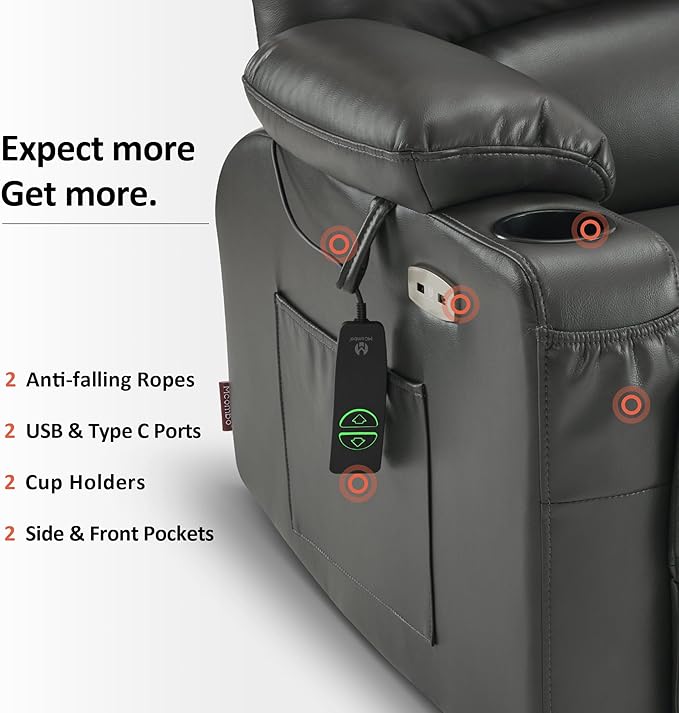 MCombo Oversized Power Lift Recliner Chair for Elderly, Lift Chair with Heat and Massage, Lift Recliner for Big and Tall, Cup Holders, USB &Type C Ports, Faux Leather R7092 (Grey, Oversize)