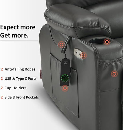 MCombo Oversized Power Lift Recliner Chair for Elderly, Lift Chair with Heat and Massage, Lift Recliner for Big and Tall, Cup Holders, USB &Type C Ports, Faux Leather R7092 (Grey, Oversize)