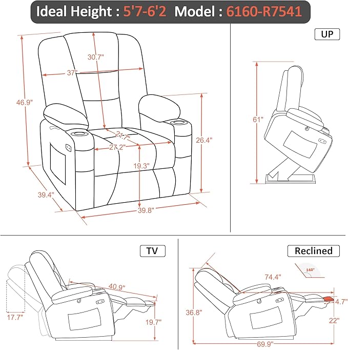 MCombo Oversized Power Lift Recliner Chair with Massage and Heat for Big and Tall Elderly People, Cup Holders, USB Ports, Side Pockets, Faux Leather R7541 (Black, Large-Oversize)