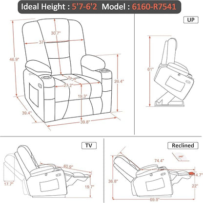 MCombo Oversized Power Lift Recliner Chair with Massage and Heat for Big and Tall Elderly People, Cup Holders, USB Ports, Side Pockets, Faux Leather R7541 (Black, Large-Oversize)