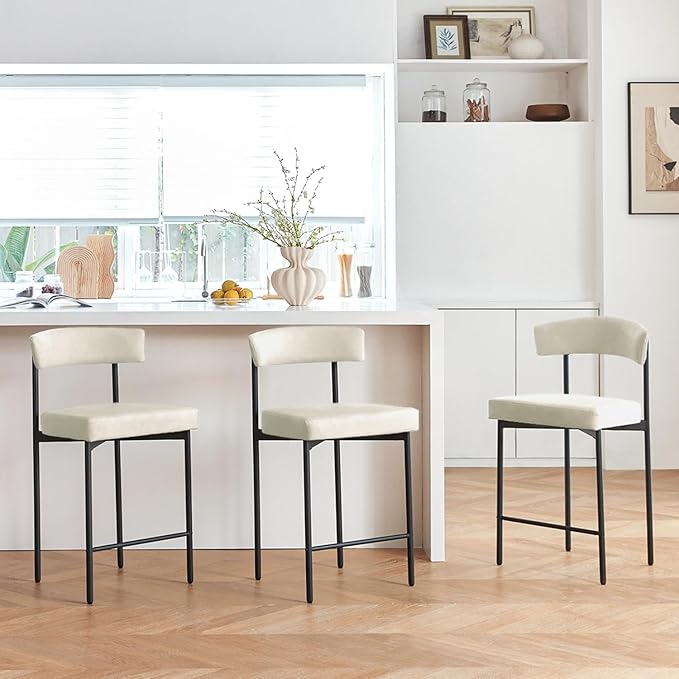 Beige Modern Bar Stools Set of 3, 24 Inch Faux Leather Counter Stools with Curved Backrest, Counter Height Bar Stool for Kitchen Island