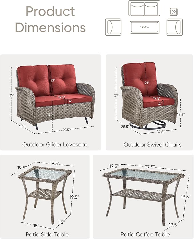 HUMMUH Patio Furniture Wicker Outdoor Furniture Sets High Back Outdoor Glider Bench with Patio Swivel Chairs Patio Conversation Sets for Deck Lawn Porch Balcony Poolside-Grey/Red