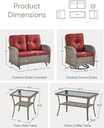 HUMMUH Patio Furniture Wicker Outdoor Furniture Sets High Back Outdoor Glider Bench with Patio Swivel Chairs Patio Conversation Sets for Deck Lawn Porch Balcony Poolside-Grey/Red
