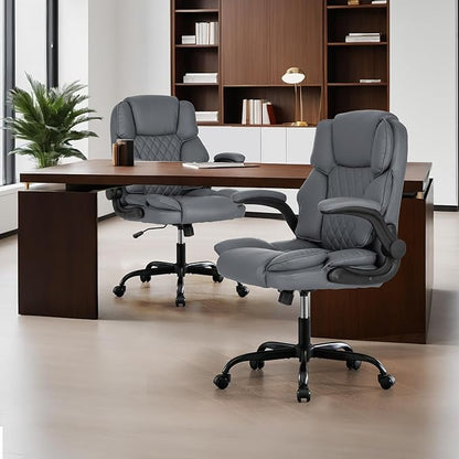 Office Desk Chair,Mid Back Executive Leather Chair,Ergonomic Home Computer Chair,Modern Conference Room Chairs with Adjustable Flip-Up Arms and Rocking Function (Grey)