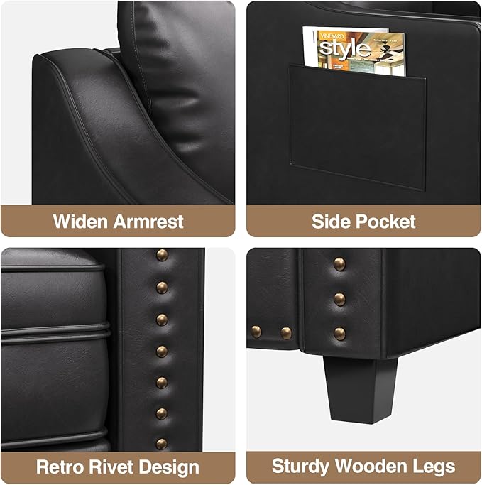 Mid Century Modern Accent Chair, 30 Inches PU Leather Armchairs, Barrel Chair Living Room Chairs Club Chair with Cushion Reading Chair for Bedroom, Apartment, Reading Room, Black