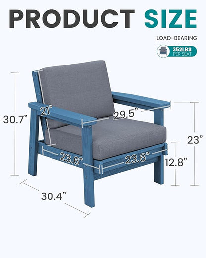 SERWALL Patio Furniture Set with 33” Fire Pit Table, HDPE Outdoor Sectional Sofa Set with Thickened Cushions, Blue Frame with Grey Cushions