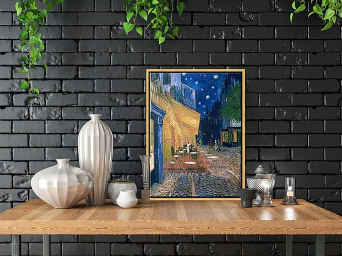Wieco Art Framed Wall Art of Cafe Terrace at Night by Vincent Van Gogh Paintings Reproduction Abstract Canvas Prints for Home Living Room Decorations Bronze Gold Frame