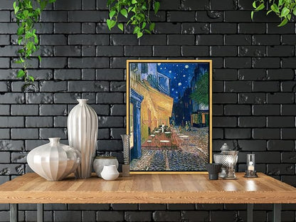 Wieco Art Framed Wall Art of Cafe Terrace at Night by Vincent Van Gogh Paintings Reproduction Abstract Canvas Prints for Home Living Room Decorations Bronze Gold Frame